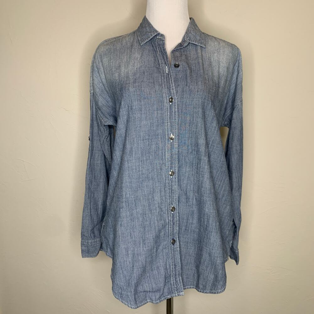 GAP striped Chambray Cotton Snap Front Shirt Sz XS